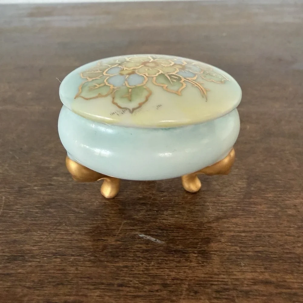 VTG English Blue Porcelain‎ Vanity Jewelry Trinket Dish Hand Painted Gold Floral